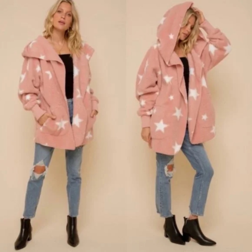 017 Cozy Star Print Teddy oversized hoodie Jacket - Picture 7 of 11